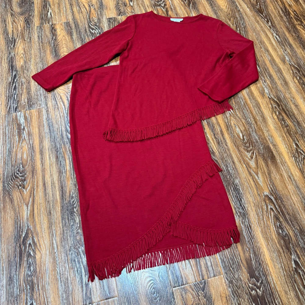 Vintage Red Fringe Skirt & Shirt 2pc Set‎ Miss Dorby M / L Stretch Boho Top Knit
